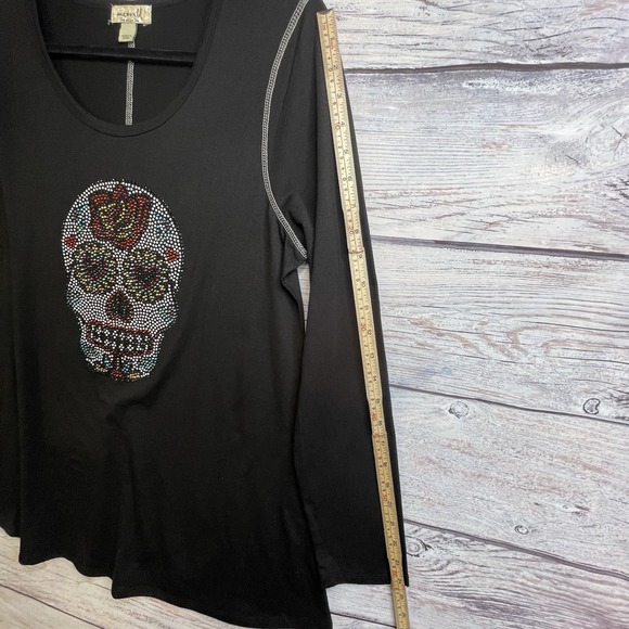 One World Top Size L  Black Goth Floral Rhinestone Studded Skull Whimsical - Picture 8 of 12